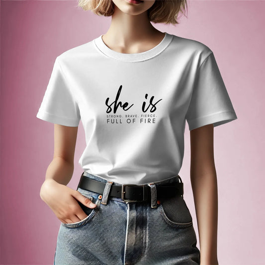 DALL·E 2025-05-13 13.01.37 - A square-format mockup of a woman wearing a plain white t-shirt, standing in front of a soft, neutral background. The model has a natural, casual pose